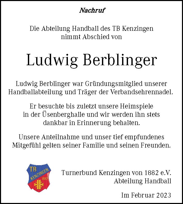 Berblinger Ludwig Nachruf TB Kenzingen Handball