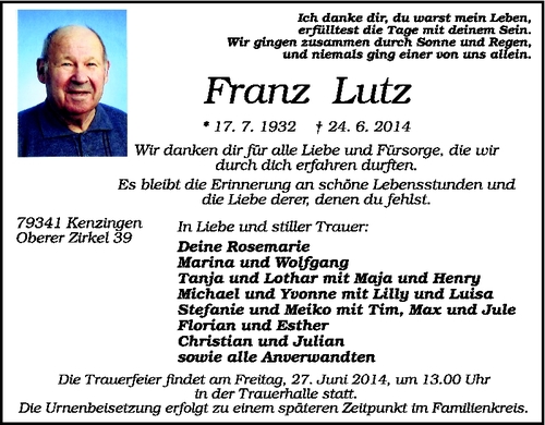 Traueranzeige Franz Lutz